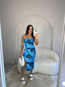 Women's Tie Dye Printed Dress With Slit Midi Ribana - Màu xanh lam - Xem 5