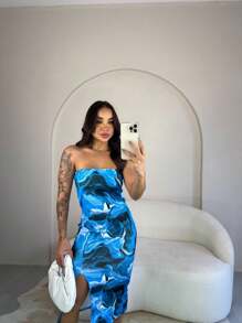 Women's Tie Dye Printed Dress With Slit Midi Ribana - Màu xanh lam - Xem 4