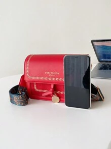 女士时尚包包，百搭新款斜挎包，休闲，拼色，小方包，宽肩带，适合聚会约会学校户外礼物 - 紅色 - 查看 6