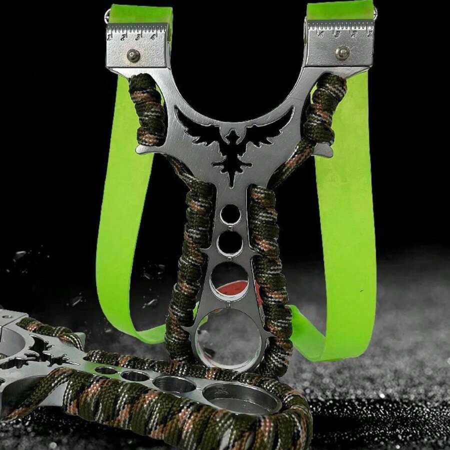 1入組金屬老鷹彈弓，戶外高功率不銹鋼彈弓，具有精密平面橡膠帶