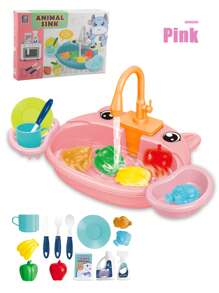 NEUSNEY 儿童角色扮演卡通动物形状电子洗碗池玩具，带流水，互动亲子玩具套装，男孩和女孩的礼物，随机包含配件（需要 5AA 电池，不包括在内） - 粉色 - 查看 13