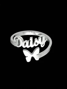 1 件 DIY 不锈钢中英文字母名字戒指，欧美个性蝴蝶可调节开口戒指，18k 镀金不锈钢，含精美高端礼品盒，适合朋友、亲戚、家人、同学、情侣、节日礼物 - 銀色 - 查看 4