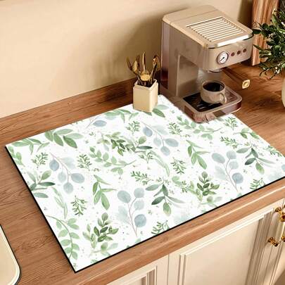 1pc Watercolor Green Leaves Printed Coffee Bar Mat, Drainage Mat, Silicone Coffee Machine Drainage Mat, Soft Rubber Drainage Mat, Anti-Slip, Super Absorbent And Wear-Resistant Dish Drying Mat, For Countertop, Restaurant, Kitchen Table, Patio Table Decor, Household Kitchen Supplies, Countertop Decor, Home Decor, Kitchen Decor