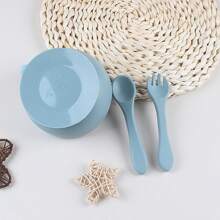 Set da 5 pezzi di stoviglie in silicone per bambini, prodotti per lo svezzamento, set di alimentazione in silicone per bambini, piatto con ventosa e scomparti, bavaglino regolabile, cucchiaio e forchetta morbidi, utensili per l'alimentazione autonoma di neonati e bambini