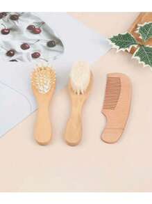 婴儿发梳，婴儿发刷，适合新生儿 | 天然木质发刷，木制按摩刷，适合婴儿、幼儿、儿童 - 3件套 - 查看 4