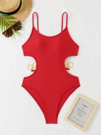European & American Style Solid Color Women's Adjustable Waist Cutout Elegant Sexy One-Piece Swimsuit Summer