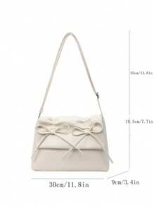 黑色蝴蝶结装饰褶皱蝴蝶结PU材质翻盖拉链单肩包，配有可调节肩带，适合日常通勤，日式风格，情人节礼物，最佳情人节礼物之选 - 米色 - 查看 4