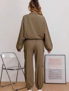 2-Piece Set Short Lapel Collar Jacket With Spring-Loaded Cargo Pants - 軍綠色 - 查看 3