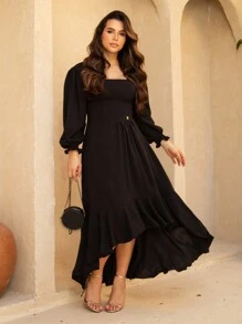 Women's Long Sleeve Midi Mullet Dress With Ruffles Tailoring Square Neckline Spring Summer Fashion Evangelical Christian REF: Angela - màu đen - Xem 1