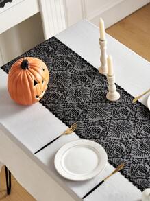 1 pieza Camino de mesa negro de encaje con diseño de árbol de palma, mantel cuadrado de poliéster para ambiente de Halloween, decoración de fiesta de terror y bar, apto para fiesta de Halloween y decoración del hogar en días festivos