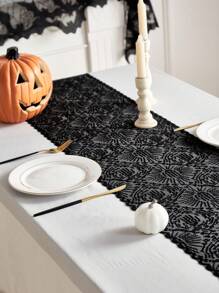 1 pieza Camino de mesa negro de encaje con diseño de árbol de palma, mantel cuadrado de poliéster para ambiente de Halloween, decoración de fiesta de terror y bar, apto para fiesta de Halloween y decoración del hogar en días festivos