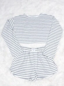 2 piezas Conjunto de top de manga larga y pantalones cortos estampados con rayas de moda casual para mujer, ropa de estar en casa, adecuado para otoño, conjunto de dos piezas, ropa de otoño e invierno - Marrón Mocha - Ver 5