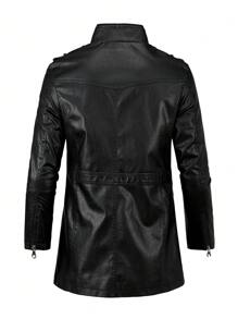 1 件男士户外仿皮 PU 夹克，秋季翻领中长款拉链开合时尚外套，羊毛 - 黑色 - 查看 3