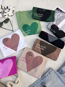Basic Women's T-Shirt With CORAÇÃO NOTE MYSELF Print, 100% Cotton - 粉色 - 查看 5
