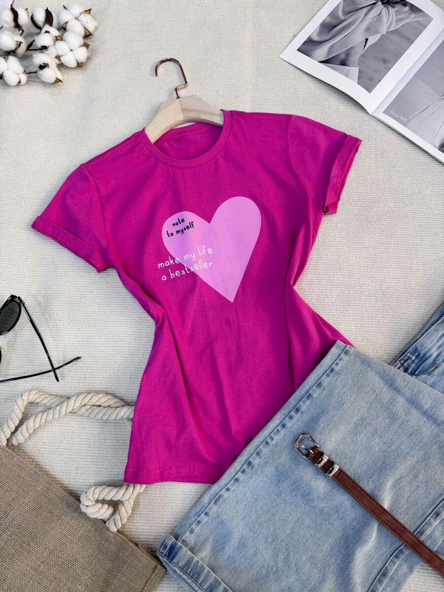 Basic Women's T-Shirt With CORAÇÃO NOTE MYSELF Print, 100% Cotton - 粉色 - 查看 1