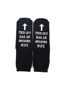 1pair Men's Socks With Letter This Guy Has An Awesome Wife, Fun Mid-Calf Anti-Slip Socks For Husband Gift, Fall - Black - View 5