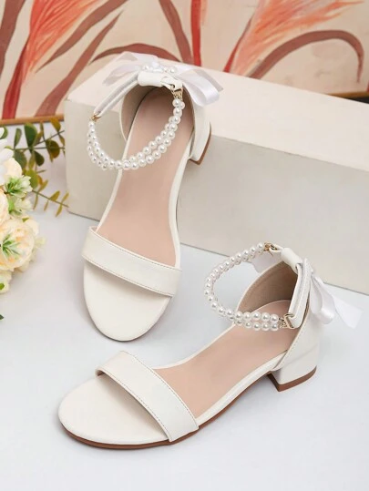 1 Pair Summer New Fashionable High Heel Pearl Decorated Sandals For Girls, Girls High Heel Dance Shoes, Students Performance & Daily Activity Sandals