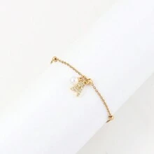 1pc New Fashion Faux Pearl Pave Zirconia Initial Gold Color Stainless Steel Bead Chain Bracelet For Women - Yellow Gold - View 3