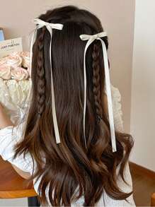 2pcs Women's White Polyester Ribbon Bowknot & Ribbon Fashion Hair Clips, Sweet & Lovely Hair Ornaments With Streamers, Suitable For Daily Use Tiaras Valentine's Day Valentines