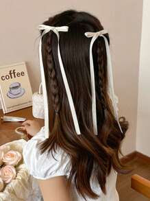 2pcs Women's White Polyester Ribbon Bowknot & Ribbon Fashion Hair Clips, Sweet & Lovely Hair Ornaments With Streamers, Suitable For Daily Use Tiaras Valentine's Day Valentines