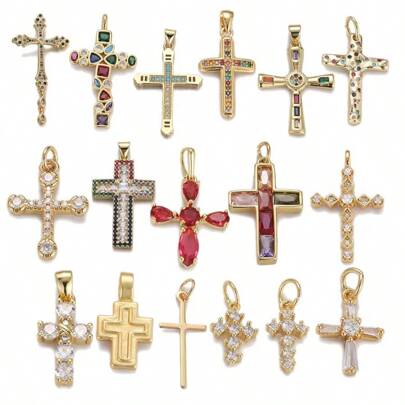 1pc 18K Gold Plated Copper Fashionable Minimalist Vintage Cross Pendant, DIY For Bracelet, Necklace, Earring, Keychain, Versatile Handmade Accessory
