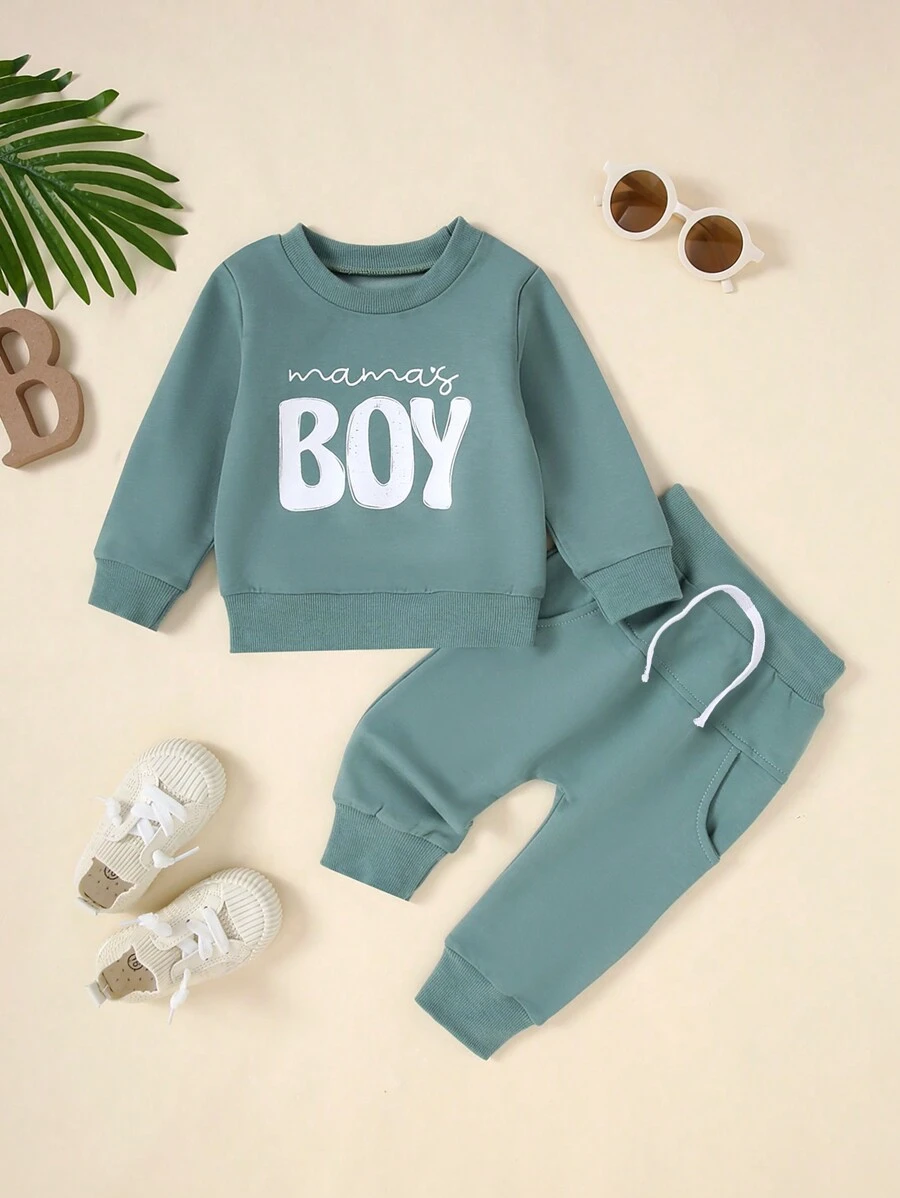2 件装男婴字母印花长袖运动衫和弹力裤套装，秋季 - 綠色 - 查看 1