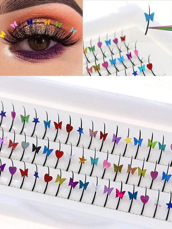 3 rangées de faux cils de papillon étincelant coloré avec effet laser pour le maquillage de scène, D boucle