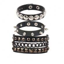 3Pcs Pu Leather Round Punk Bracelets Chains For Men Women Of Rock Rivet Wrap Retro Spike Bracelet Bangle Christmas New Year Valentine's Day Holiday Gift - Black - View 1