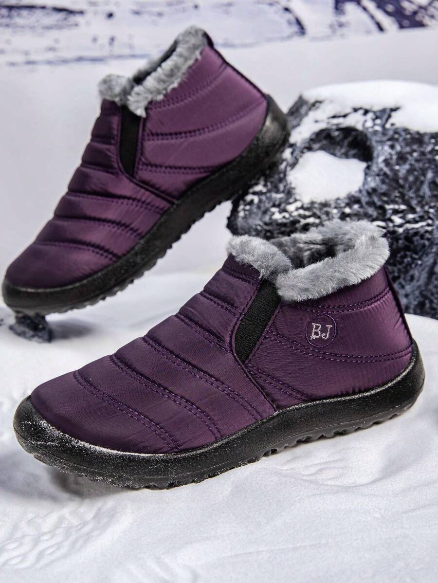 女士低跟踝靴，时尚黑色冬季鞋，保暖雪地靴 - 紫色 - 查看 1