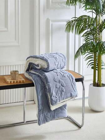 1pc Taffeta Plus Fleece Thick Blanket, Double Layered Jacquard Leaf Pattern, Suitable For Bed And Sofa Decor, Single And Double Size, Fluffy Soft Warm Plush Throw Plus Fleece Thick Blanket