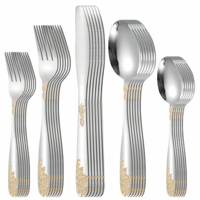 24/30pcs Set Of Thick Stainless Steel Cutlery Set Includes Knife, Fork, Spoon, Teaspoon, Elegant Pattern & Comfortable Grip, Suitable For Restaurants, Hotels, Home Dining, Steak, Burgers, Parties, Camping,School Supplies