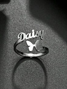 1 件 DIY 不锈钢中英文字母名字戒指，欧美个性蝴蝶可调节开口戒指，18k 镀金不锈钢，含精美高端礼品盒，适合朋友、亲戚、家人、同学、情侣、节日礼物 - 銀色 - 查看 3