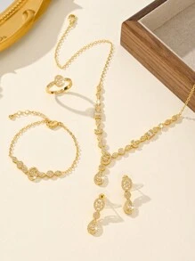 Juego de joyería de 5 piezas chapado en oro de 14K para mujeres, incluye collar, aretes, pulsera, anillo, diseño de gota, adecuado para novia, boda, fiesta, celebración, regalo para amigos