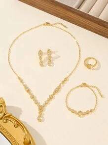 Juego de joyería de 5 piezas chapado en oro de 14K para mujeres, incluye collar, aretes, pulsera, anillo, diseño de gota, adecuado para novia, boda, fiesta, celebración, regalo para amigos