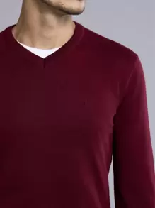 Men's V-Neck Blouse HALF KNIT KNITTING SWEATER - Màu Đỏ Sâu - Xem 3