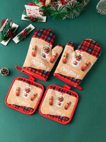 4 件装圣诞烤箱手套、厨房烘焙烹饪手套、微波炉耐热手套，适用于节日装饰 - 彩色 - 查看 3