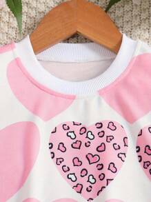 Young Girl Leopard Print Heart Sweatshirt, Casual Round Neck Sweatshirt For Spring - Pink - View 3
