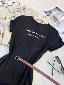 Basic Women's Dress With Phrase Print LOVE IS AT SEA, 100% Cotton - 黑色 - 查看 2