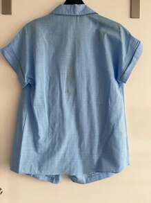 ISA FASHION Set Shirt + 100% Cotton Linen Shorts/Button/Zipper/Belt/Pocket/Lining/Feminine - 藍色 - 查看 3