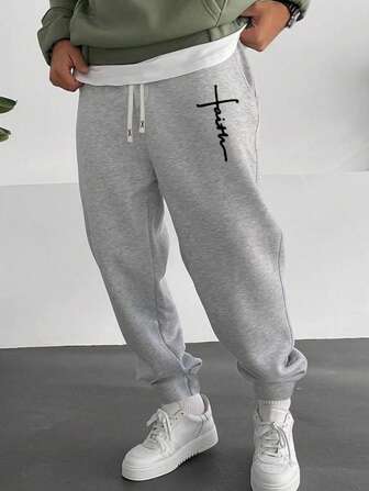 Autumn New Men's Sweatpants, Knitted Elastic Waist Drawstring Joggers, Letter Graphic Print,For Outdoor Activities And Jogging