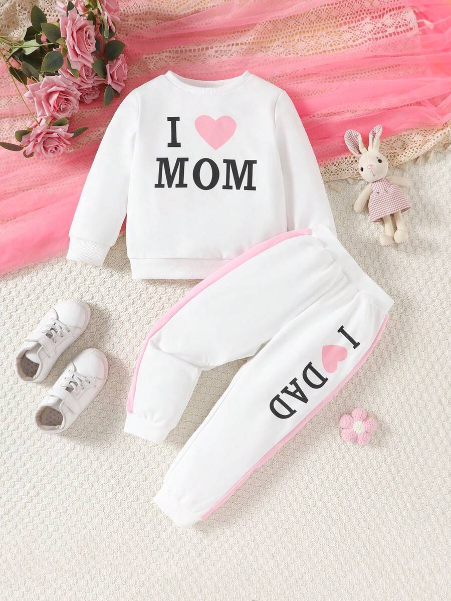 2 piezas Conjunto de sudadera y pantalones casuales de moda para niñas jóvenes, primavera y otoño - Blanco - Ver 1