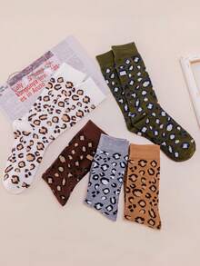 5 pares de meias femininas de outono/inverno, novas meias de cano curto com estampa de leopardo, estilo de rua, confortáveis e resistentes a odores, as melhores meias felizes, outono - Multicolorido - Ver 5