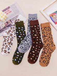 5 pares de meias femininas de outono/inverno, novas meias de cano curto com estampa de leopardo, estilo de rua, confortáveis e resistentes a odores, as melhores meias felizes, outono - Multicolorido - Ver 4
