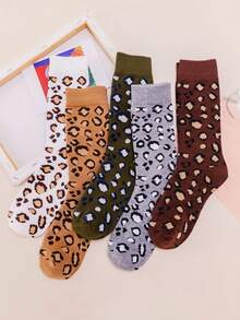 5 pares de meias femininas de outono/inverno, novas meias de cano curto com estampa de leopardo, estilo de rua, confortáveis e resistentes a odores, as melhores meias felizes, outono - Multicolorido - Ver 1
