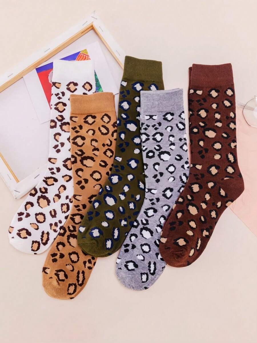 5 pares de meias femininas de outono/inverno, novas meias de cano curto com estampa de leopardo, estilo de rua, confortáveis e resistentes a odores, as melhores meias felizes, outono - Multicolorido - Ver 1