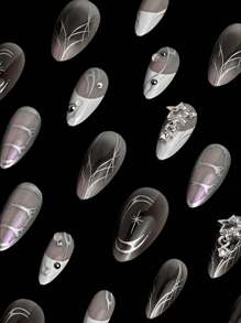 Y2K 立即升级您的外观，24 件街头简约休闲日常个性化帅气极简北欧银色不对称金属线条水钻装饰 3D 金属十字架白色法式中号杏仁假指甲套装，按压指甲，适合个性酷炫帅气的女孩和女性美甲用品指甲 - 黑與白 - 查看 8