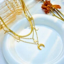 一条三层不锈钢项链，带星星和月亮吊坠，适合日常佩戴，也非常适合展现您独特的个人风格 - 金色 - 查看 5