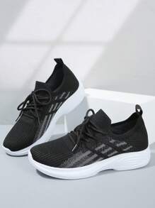 男士运动鞋针织运动鞋透气软底休闲鞋，简约设计百搭训练鞋防滑跑鞋，柔软轻便，舒适防滑系带鞋底 - 黑色 - 查看 7