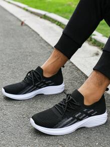 男士运动鞋针织运动鞋透气软底休闲鞋，简约设计百搭训练鞋防滑跑鞋，柔软轻便，舒适防滑系带鞋底 - 黑色 - 查看 1