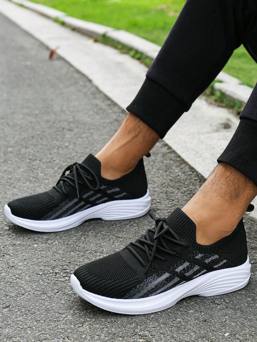 男士运动鞋针织运动鞋透气软底休闲鞋，简约设计百搭训练鞋防滑跑鞋，柔软轻便，舒适防滑系带鞋底 - 黑色 - 查看 1